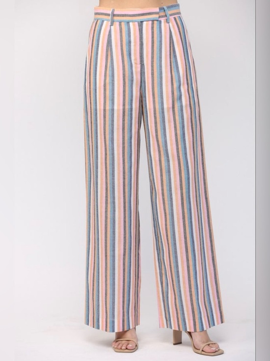Fate Pants - Striped Wide Leg Linen-Blend Pants in Pastel Pink/ Blue Multi I Size Small